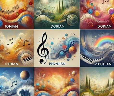 A visually engaging and educational representation of the seven musical modes (Ionian, Dorian, Phrygian, Lydian, Mixolydian, Aeolian, Locrian).