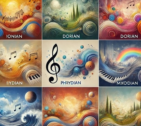 A visually engaging and educational representation of the seven musical modes (Ionian, Dorian, Phrygian, Lydian, Mixolydian, Aeolian, Locrian).