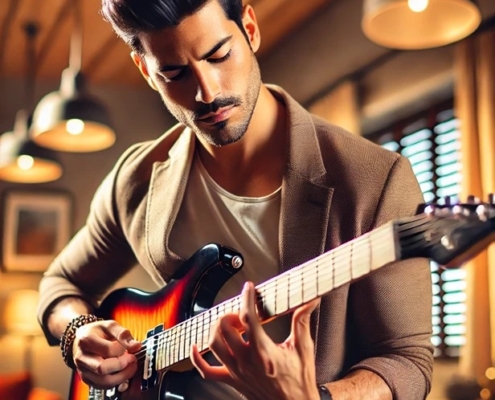 A stylish and confident Latino man playing barre chords on an electric guitar.