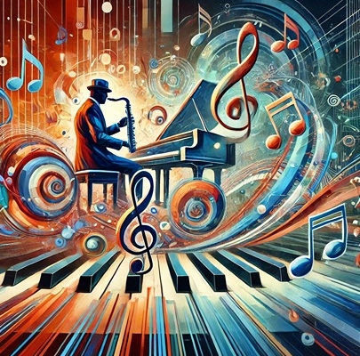 An abstract and educational visualization inspired by jazz syncopation techniques, showcasing rhythmical interplay and musical flow.