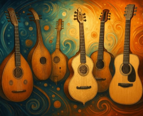 drawing showing the predecessors of the guitar influencing its tuning