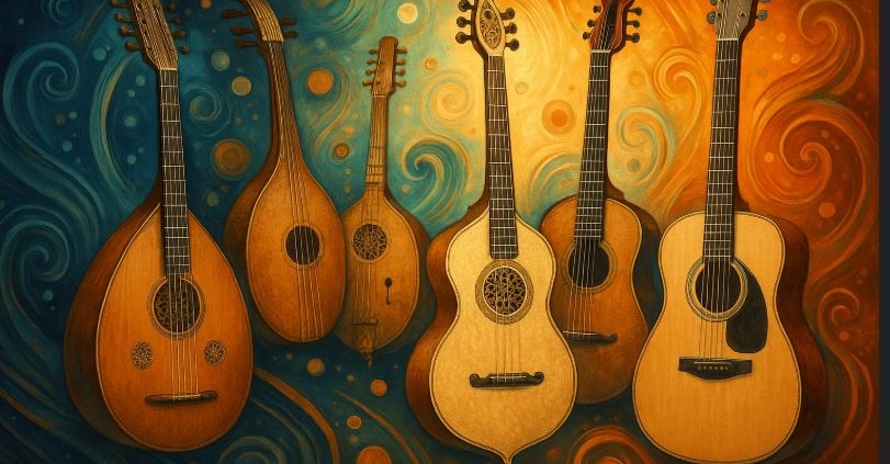 drawing showing the predecessors of the guitar influencing its tuning