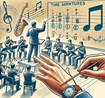 DALL·E 2025-02-08 14.31.37 - An educational and artistic illustration of a musician leading a band with a confident count-in. The image should highlight different time signatures