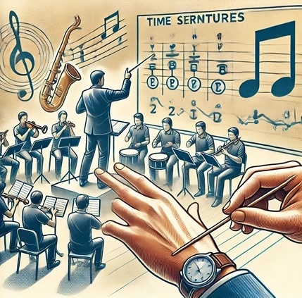 DALL·E 2025-02-08 14.31.37 - An educational and artistic illustration of a musician leading a band with a confident count-in. The image should highlight different time signatures