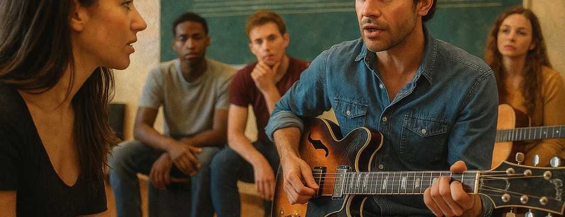 a woman teaching guitar to bunch of students