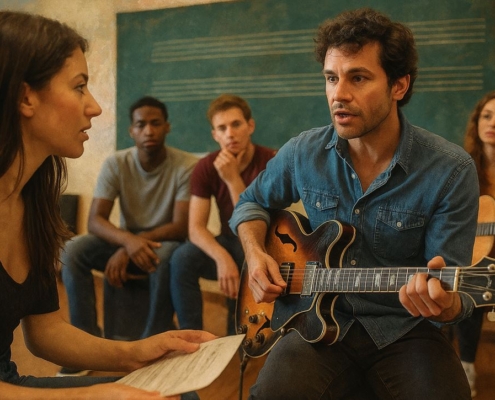 a woman teaching guitar to bunch of students