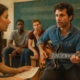 a woman teaching guitar to bunch of students
