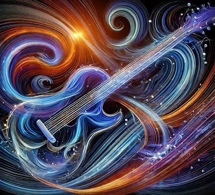A dynamic and abstract digital artwork visually representing rhythm guitar playing.
