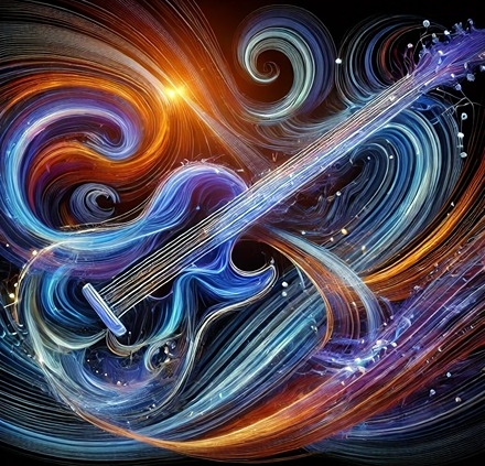 A dynamic and abstract digital artwork visually representing rhythm guitar playing.