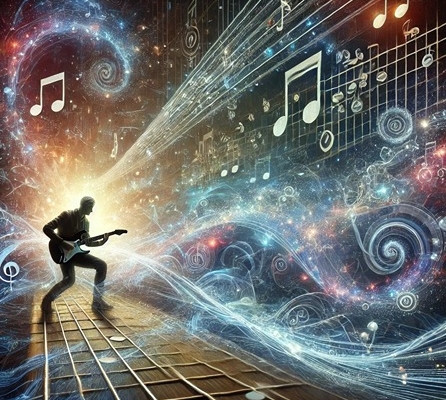 A surreal digital artwork depicting a guitarist exploring the minor pentatonic scale in a creative and expansive way.