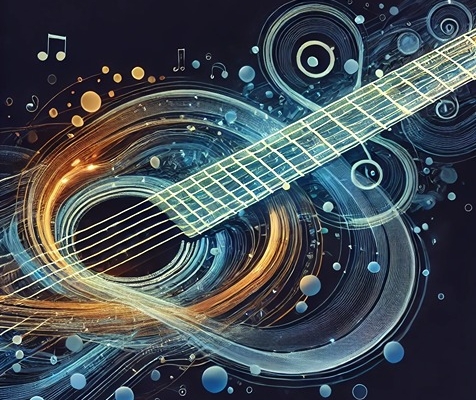 An abstract digital artwork illustrating seamless movement across the guitar fretboard, with interconnected arpeggio shapes.