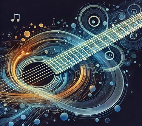 An abstract digital artwork illustrating seamless movement across the guitar fretboard, with interconnected arpeggio shapes.