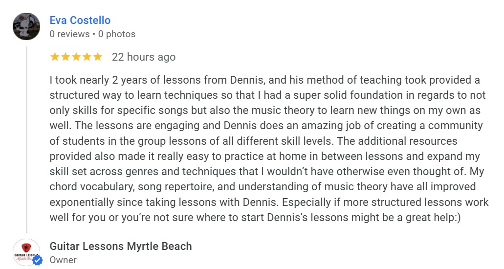testimonial for Guitar lessons Myrtle Beach from Eva C.