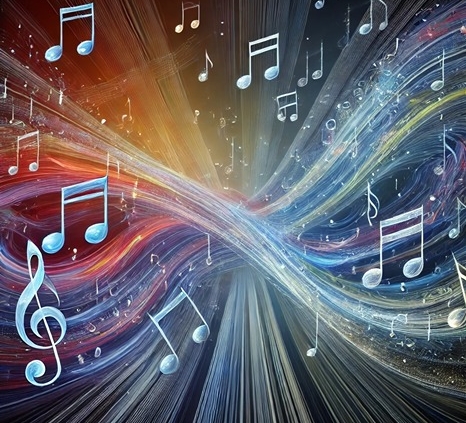 An abstract digital artwork depicting musical harmony and voice leading. The image features flowing, interconnected musical notes/