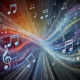 An abstract digital artwork depicting musical harmony and voice leading. The image features flowing, interconnected musical notes/