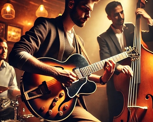 A jazz guitarist leading a trio with an upright bassist and a drummer in an intimate club setting.