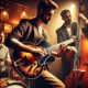 A jazz guitarist leading a trio with an upright bassist and a drummer in an intimate club setting.