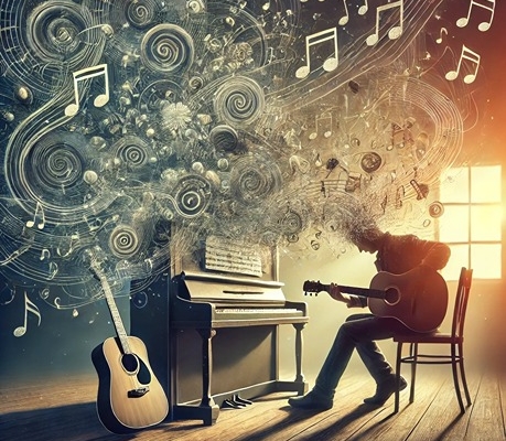 An artistic representation of a songwriter sitting at a piano or with a guitar, deeply immersed in composing a song.