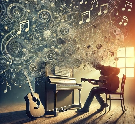 An artistic representation of a songwriter sitting at a piano or with a guitar, deeply immersed in composing a song.