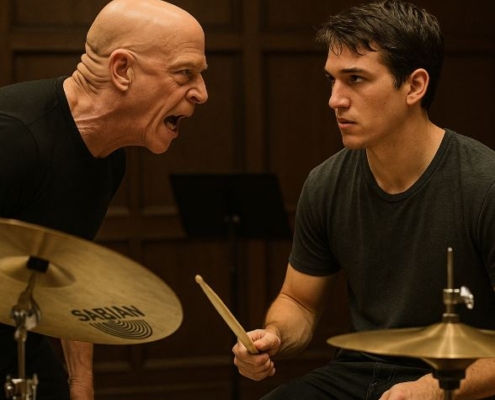 a depiction of a scene in the movie Whiplash with teacher yelling at student
