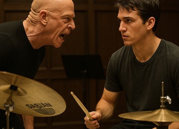 a depiction of a scene in the movie Whiplash with teacher yelling at student